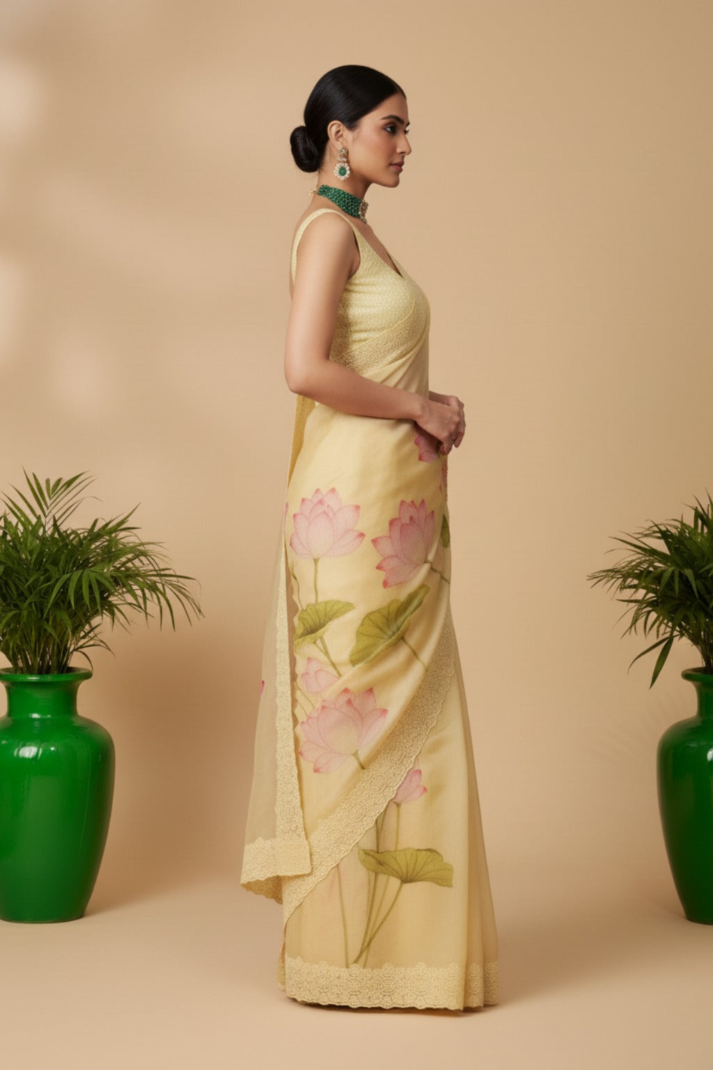 Yellow organza saree with floral print