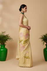 Yellow organza saree with floral print