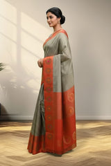 Grey and orange Banarasi Saree