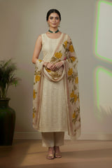 Off white Yellow cotton with floral print kurti material