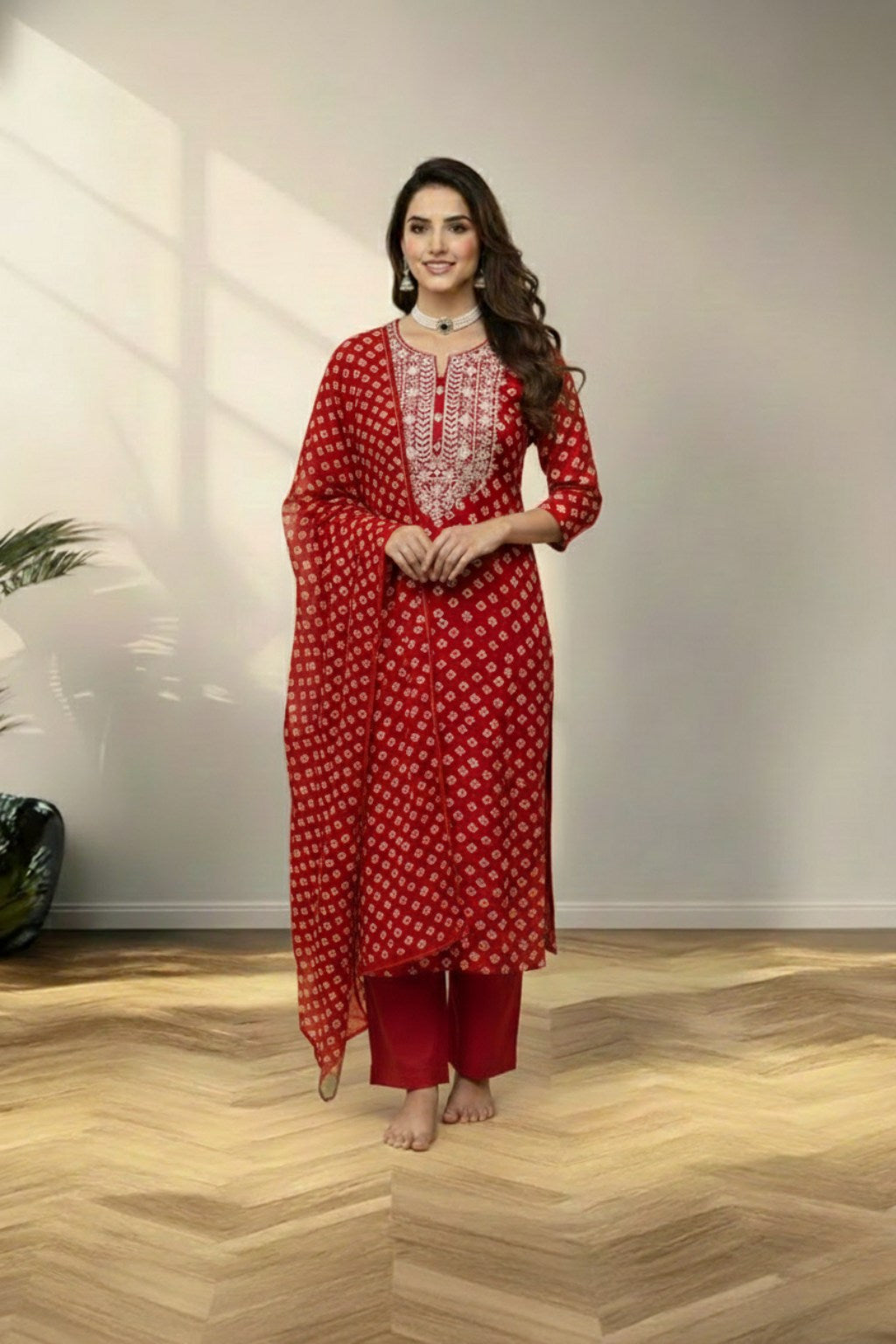 Boat neck cotton kurti set , with  butta bandini work
