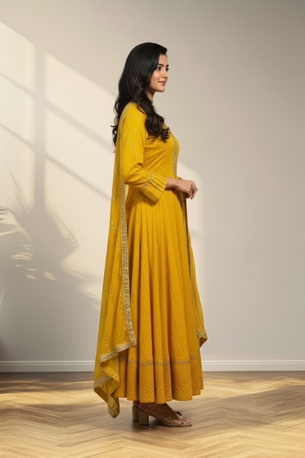 Round neck yellow anarkali