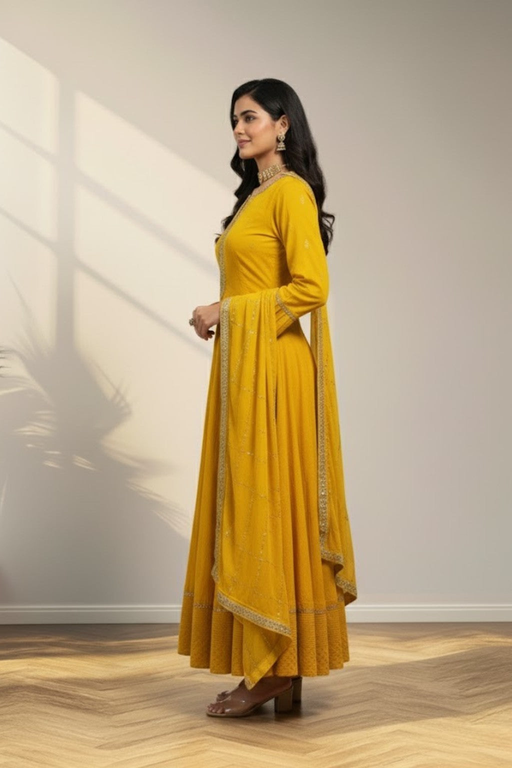 Round neck yellow anarkali