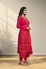 Pink anarkali with bandhini print