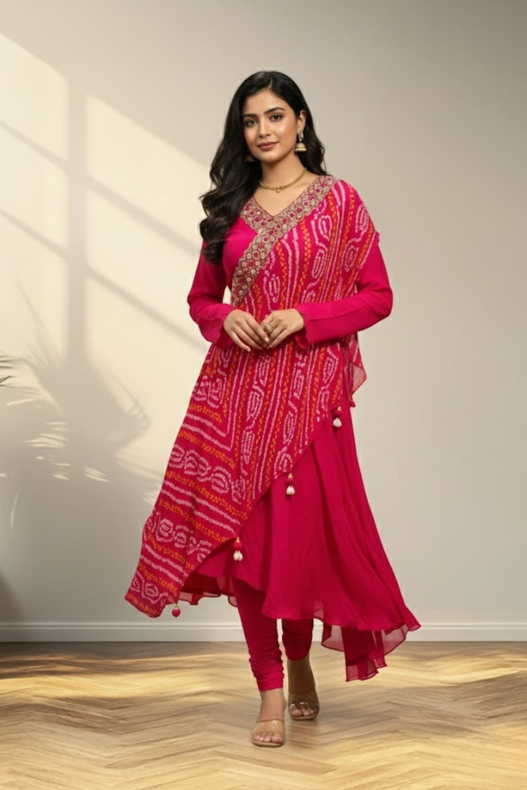 Pink anarkali with bandhini print