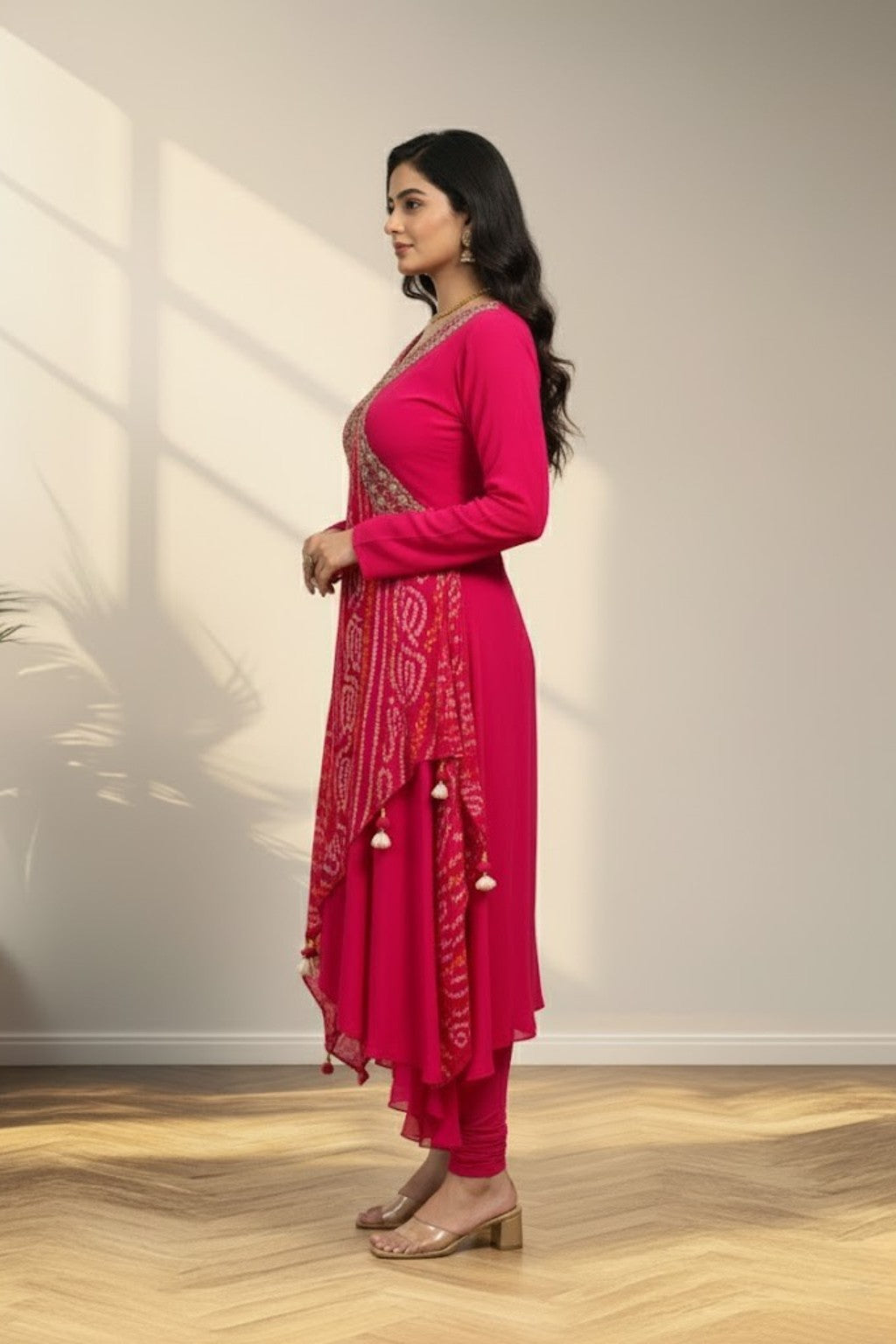 Pink anarkali with bandhini print