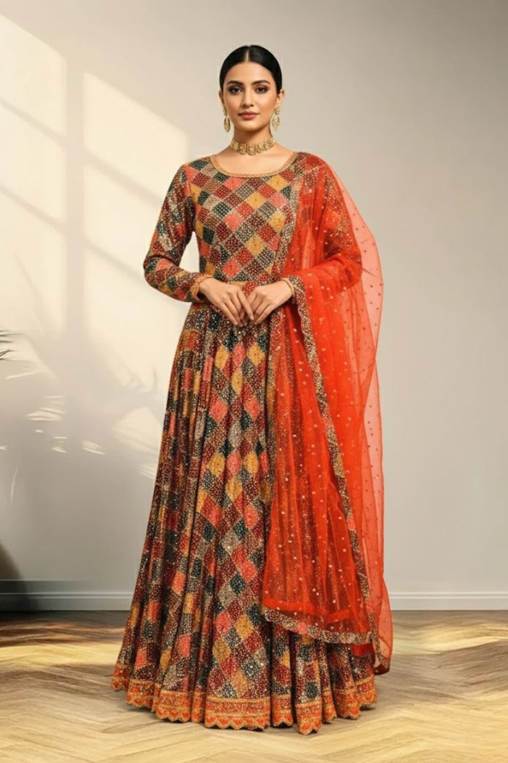 Boat neck anarkali with knitted duppata
