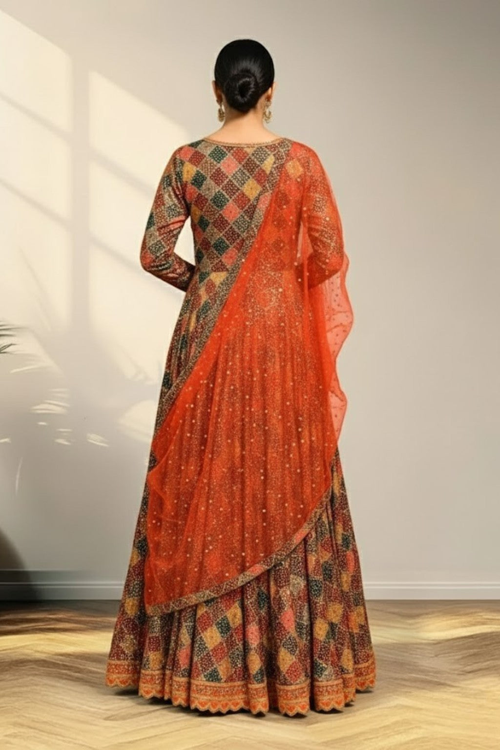 Boat neck anarkali with knitted duppata