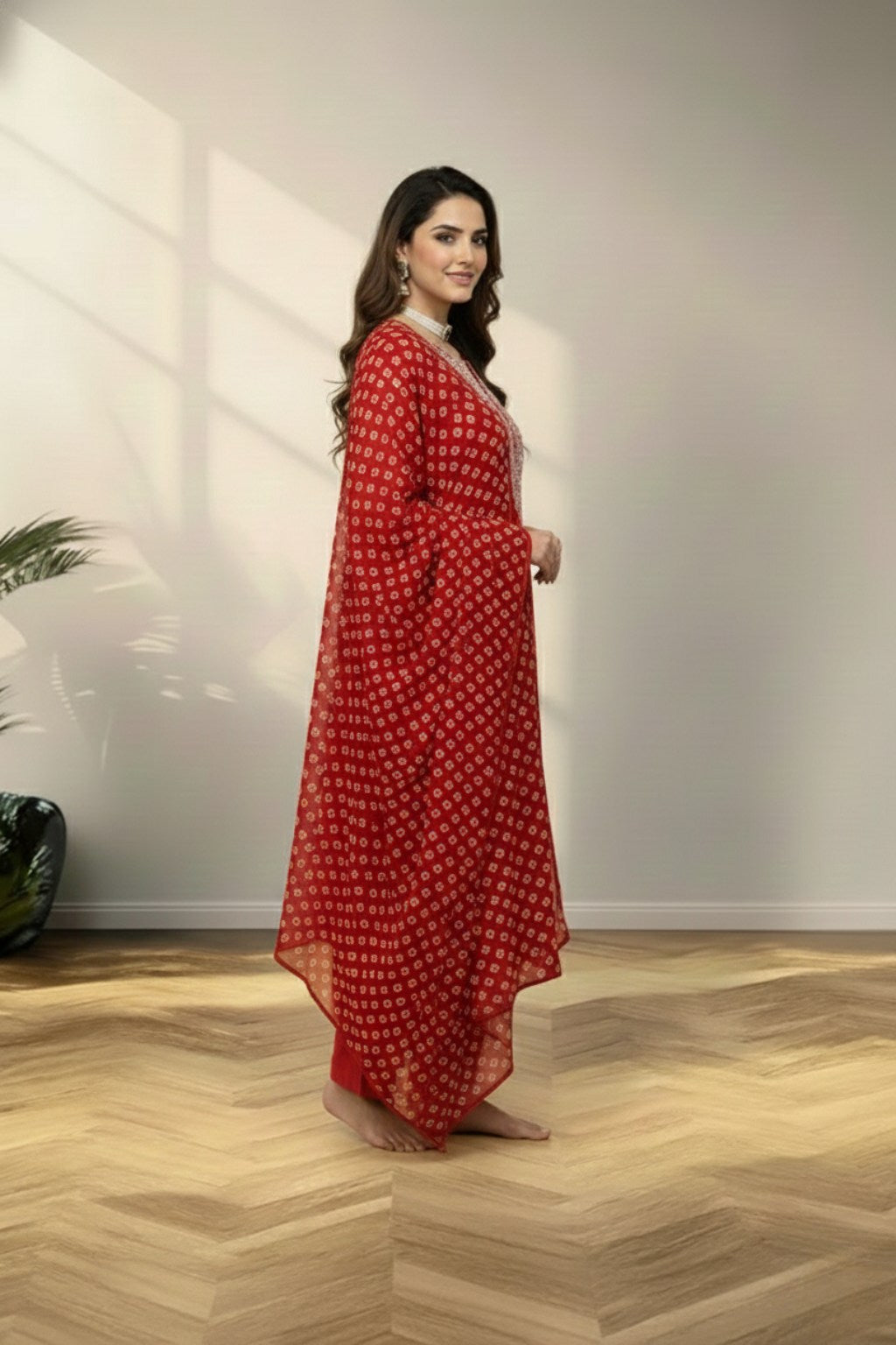 Boat neck cotton kurti set , with  butta bandini work