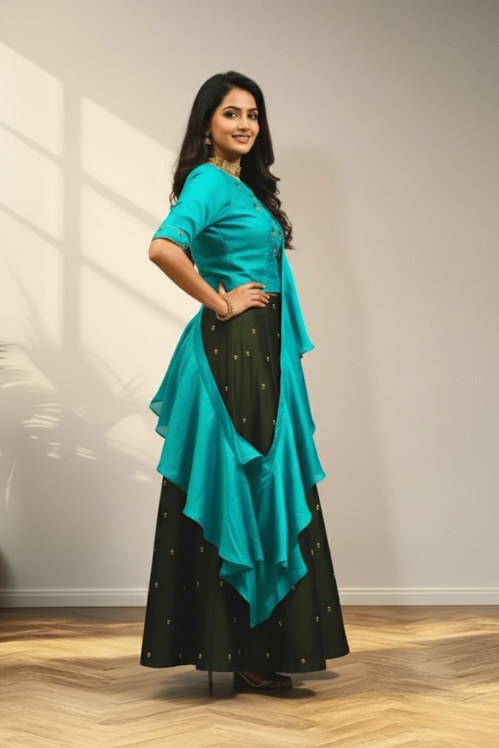Green lehenga with half sleeve and with ruffles duppata