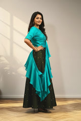 Green lehenga with half sleeve and with ruffles duppata