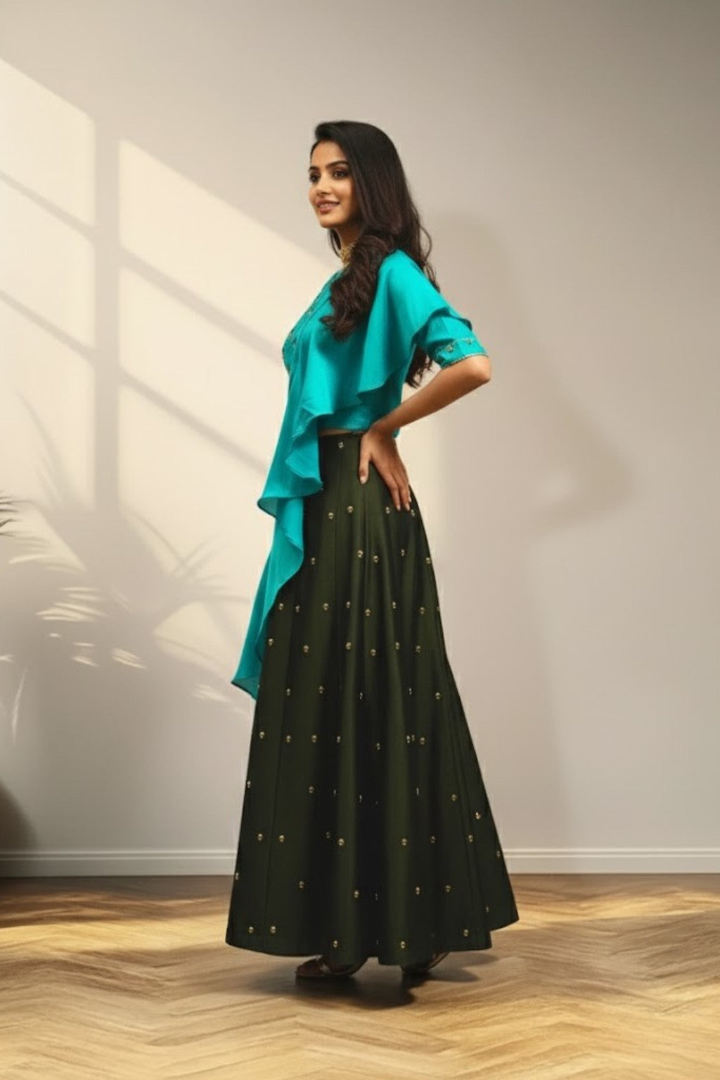 Green lehenga with half sleeve and with ruffles duppata