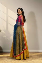 Red & yellow lehenga with knitted duppata