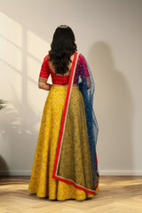 Red & yellow lehenga with knitted duppata