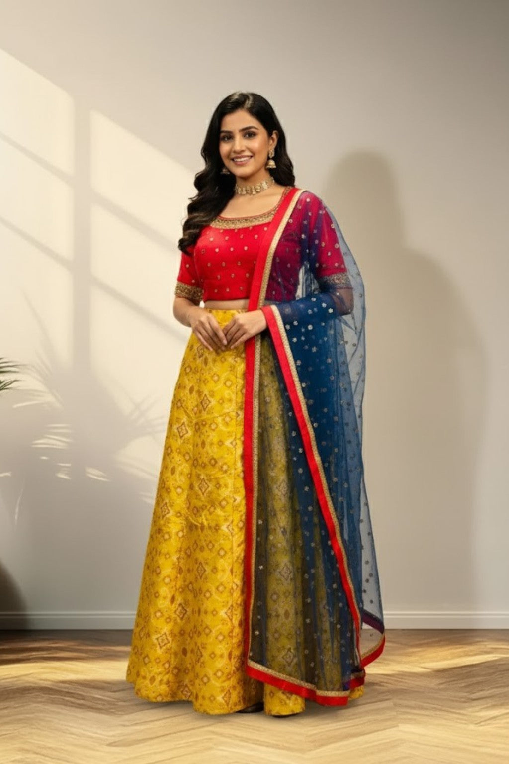 Red & yellow lehenga with knitted duppata