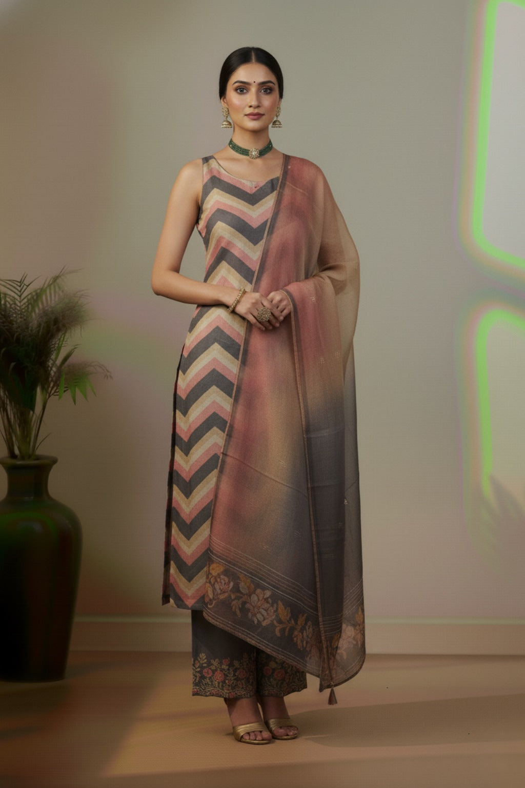Organza oinion pink with strips pattern kurti material