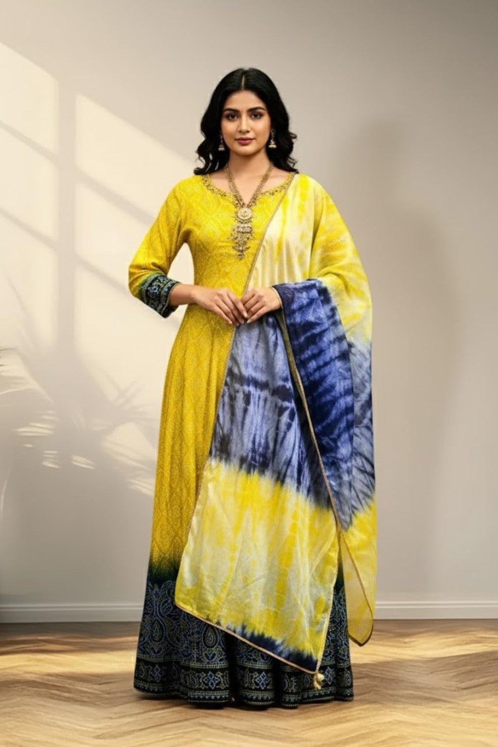 Machine embroidery Yellow Long gown