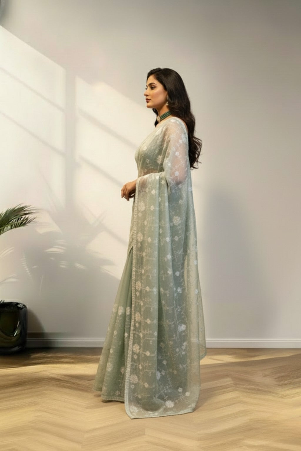 Pastel blue organza saree