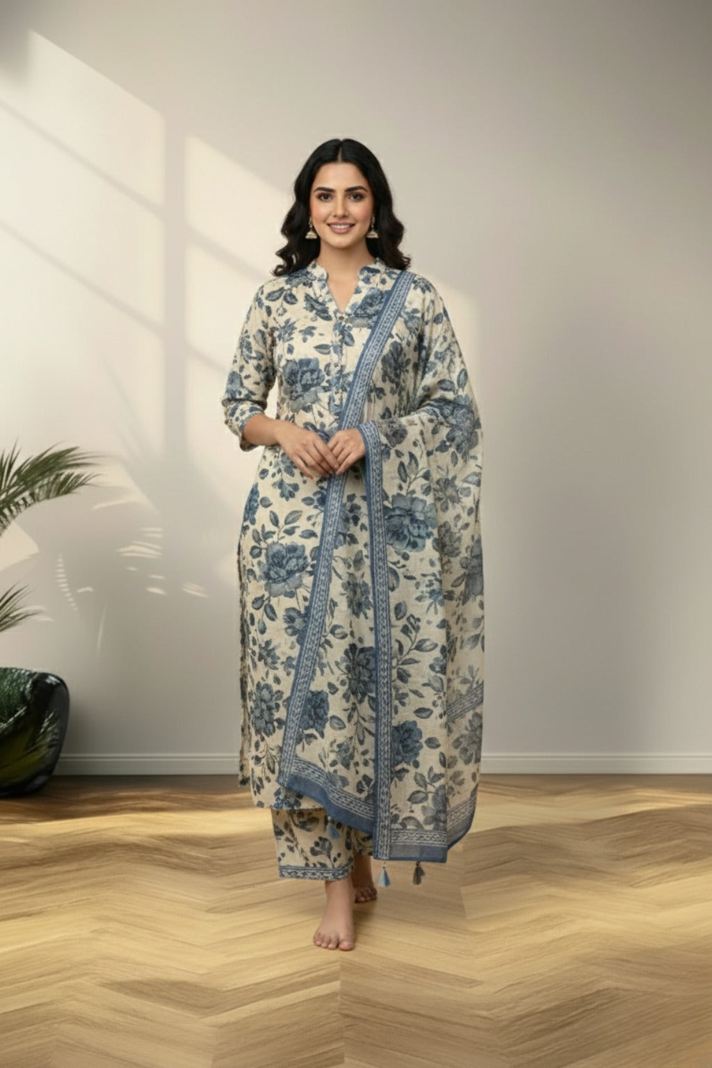 Cream crape kurti set with floral print