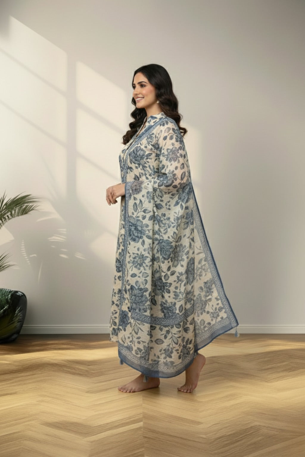 Cream crape kurti set with floral print