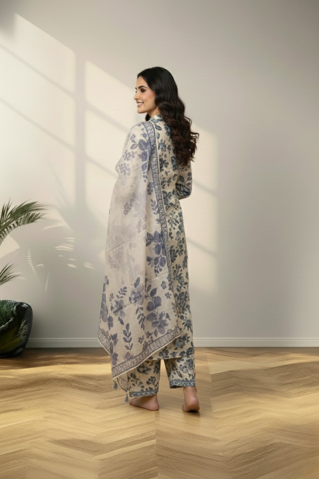 Cream crape kurti set with floral print