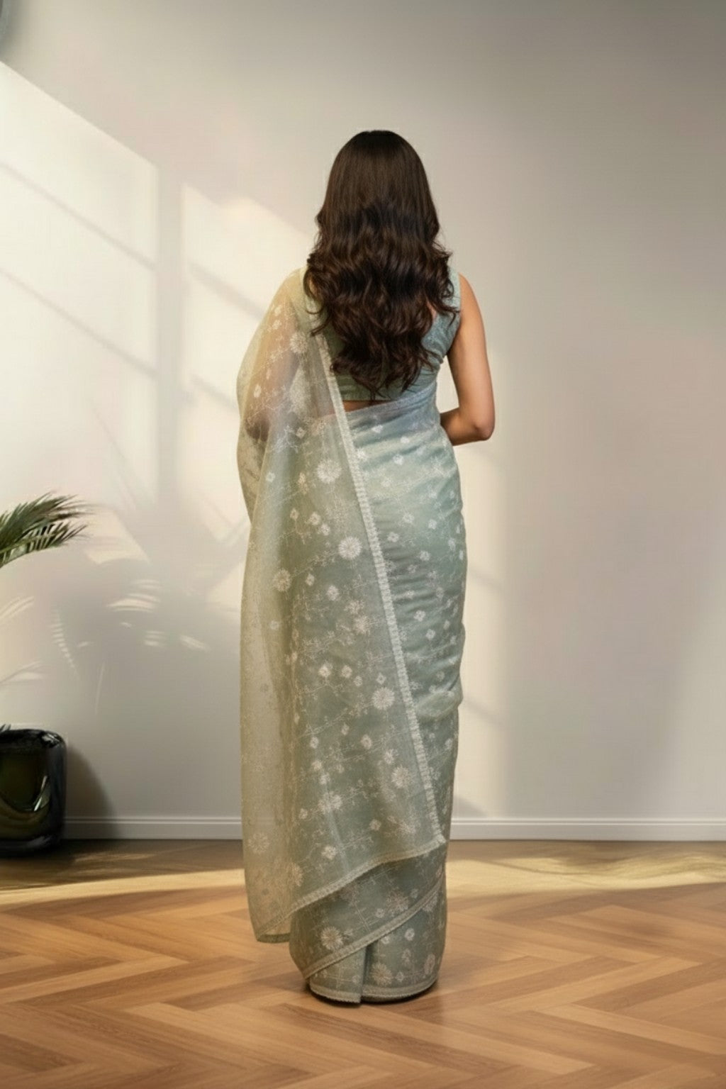 Pastel blue organza saree