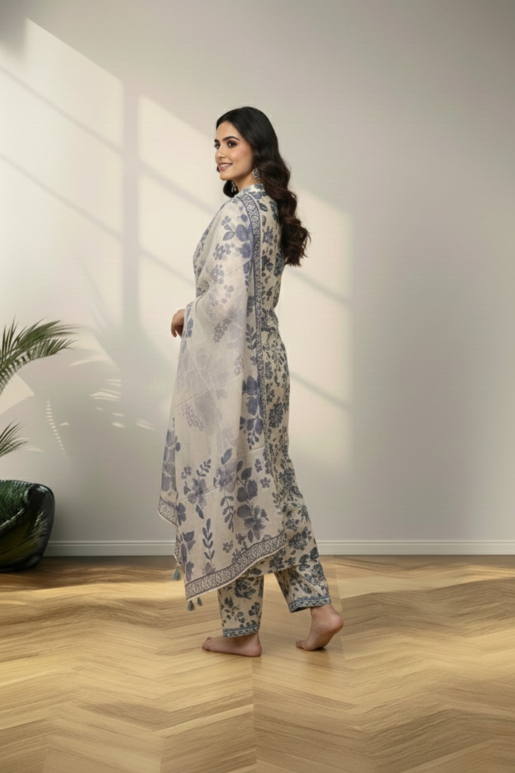 Cream crape kurti set with floral print