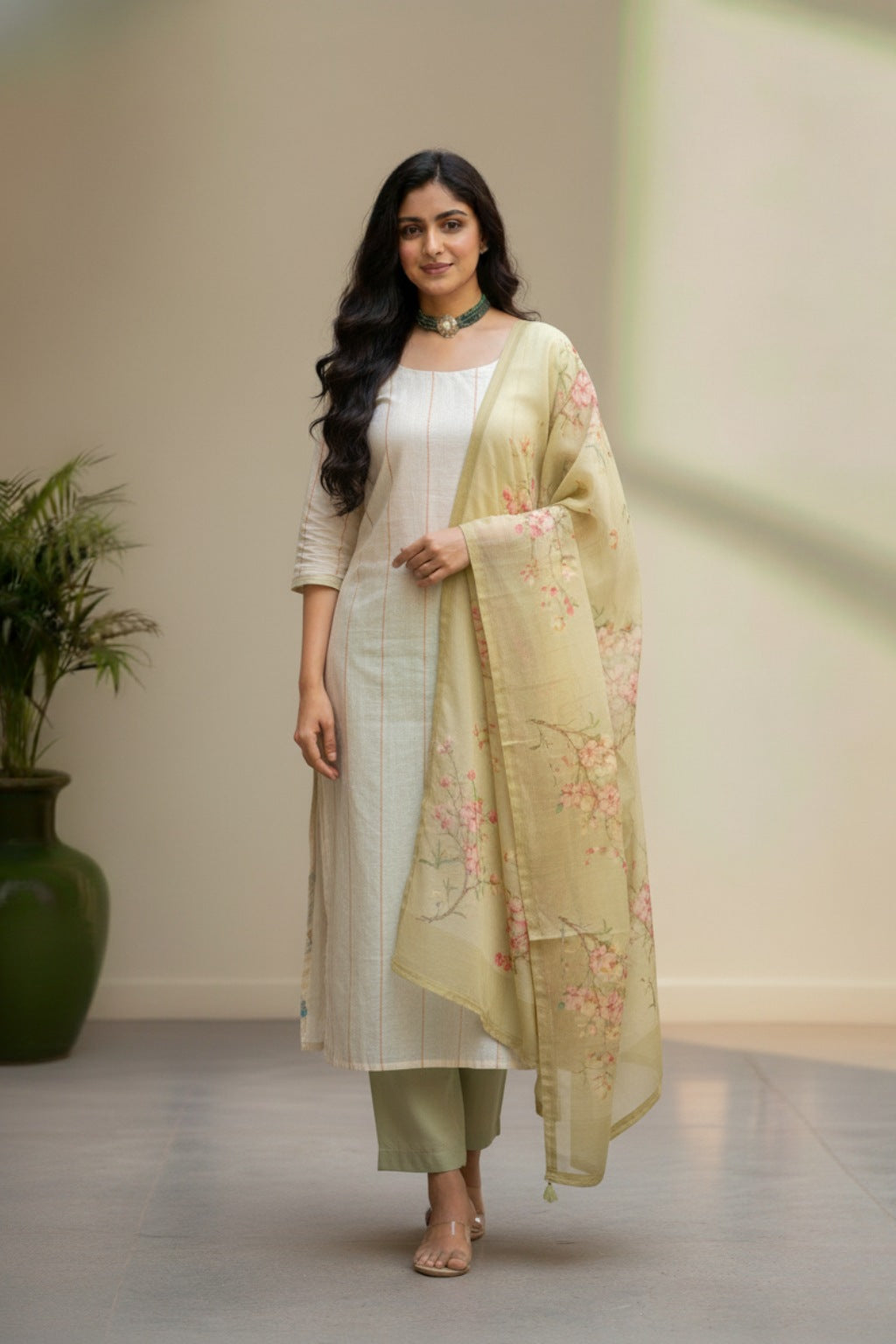 White cotton with strips thread work  with yellow duppata kurti material