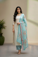 White cotton with strips thread work kurti  material