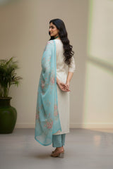 White cotton with strips thread work kurti  material