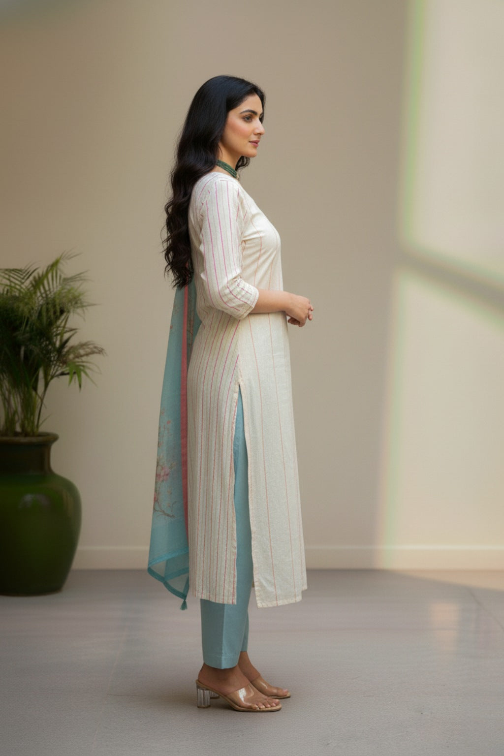 White cotton with strips thread work kurti  material