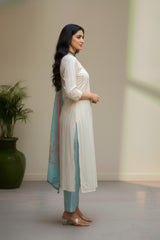 White cotton with strips thread work kurti  material