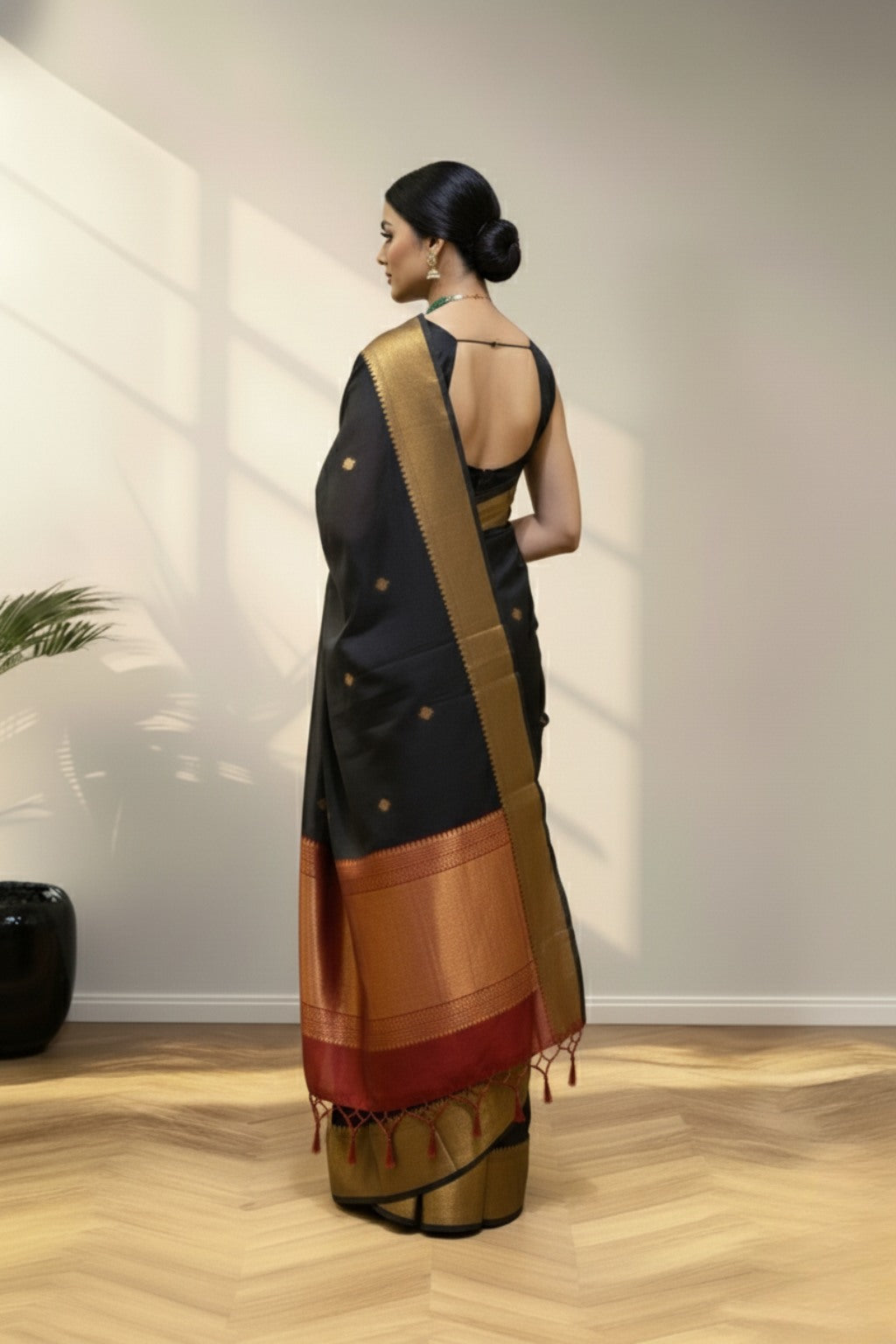 Red with golden border black saree