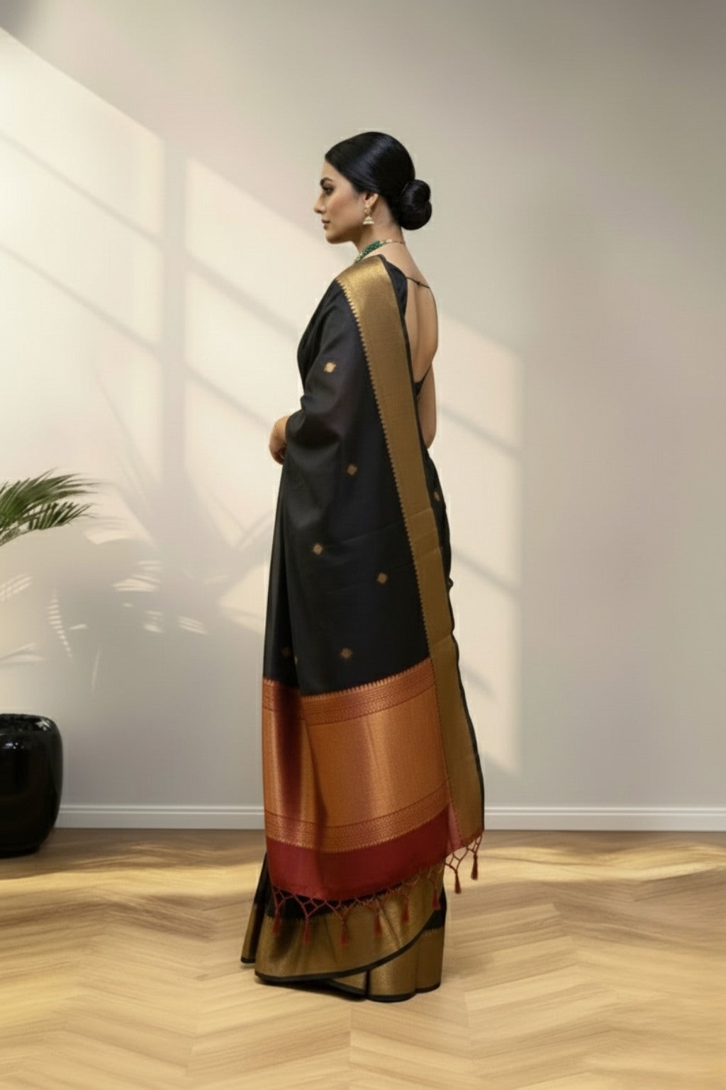 Red with golden border black saree
