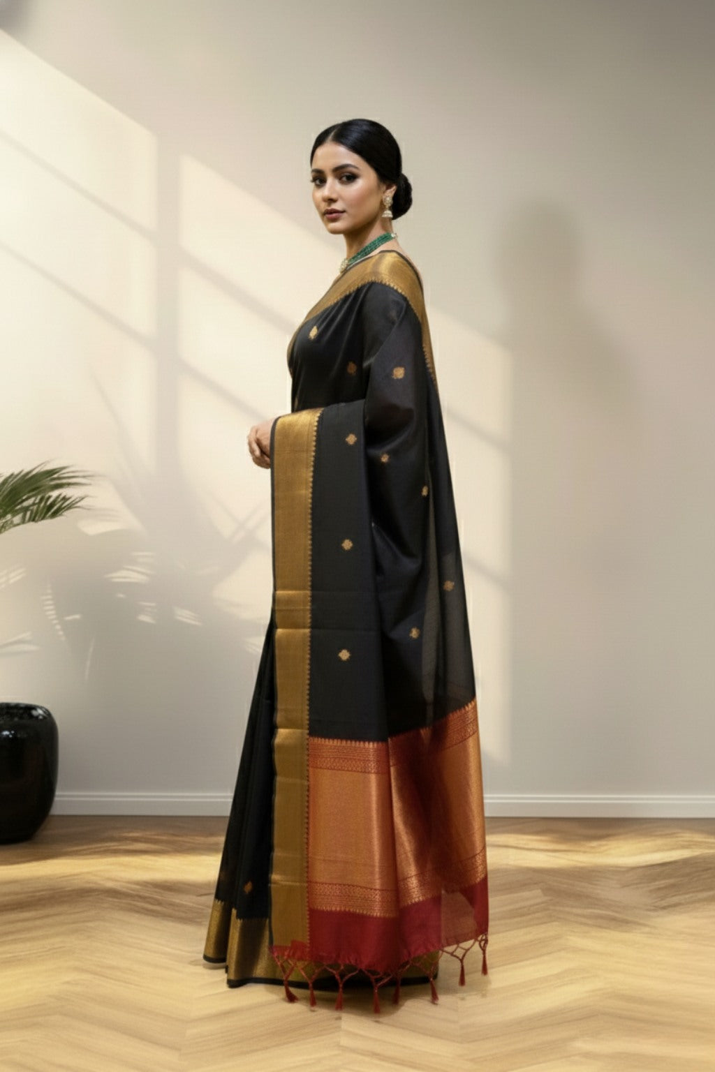 Red with golden border black saree