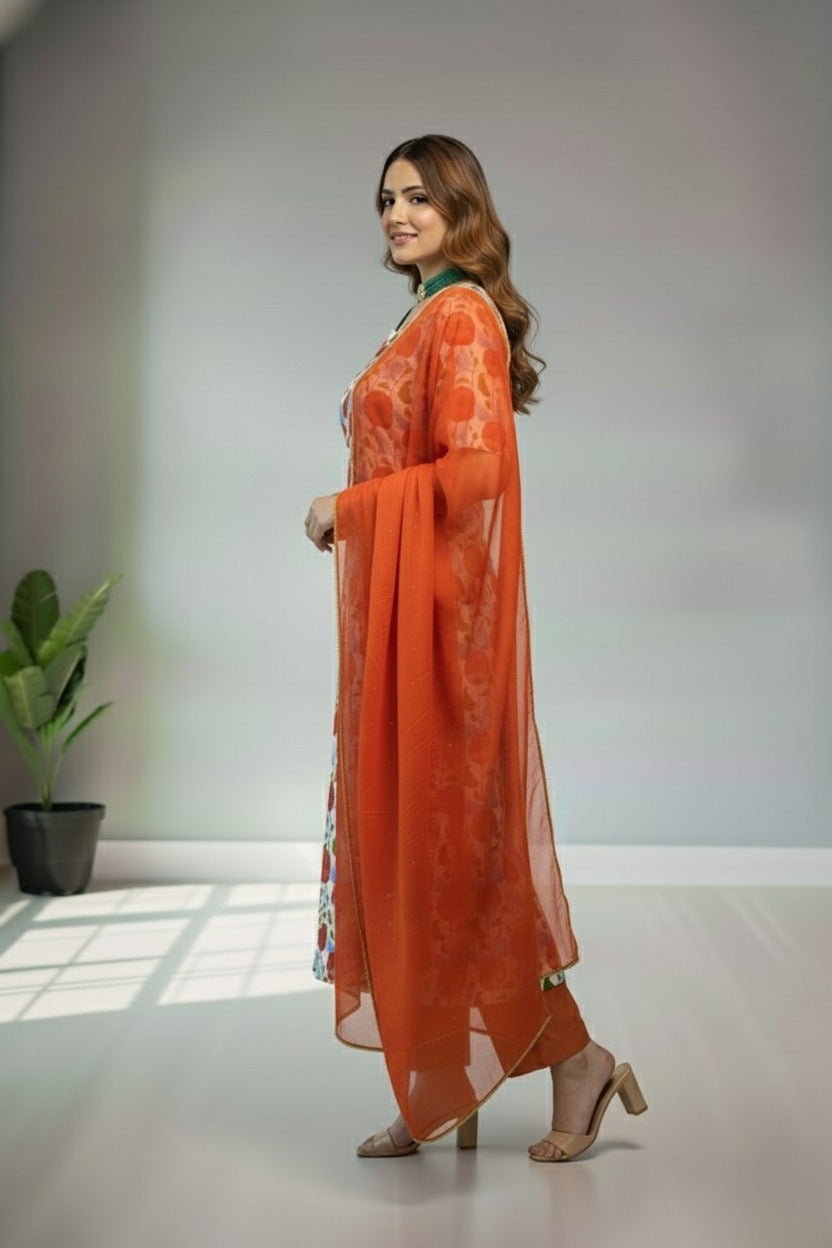 Cream Crape with floral print Kurti material