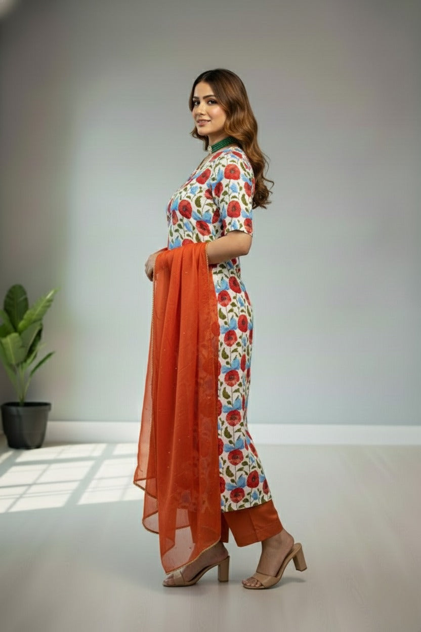 Cream Crape with floral print Kurti material