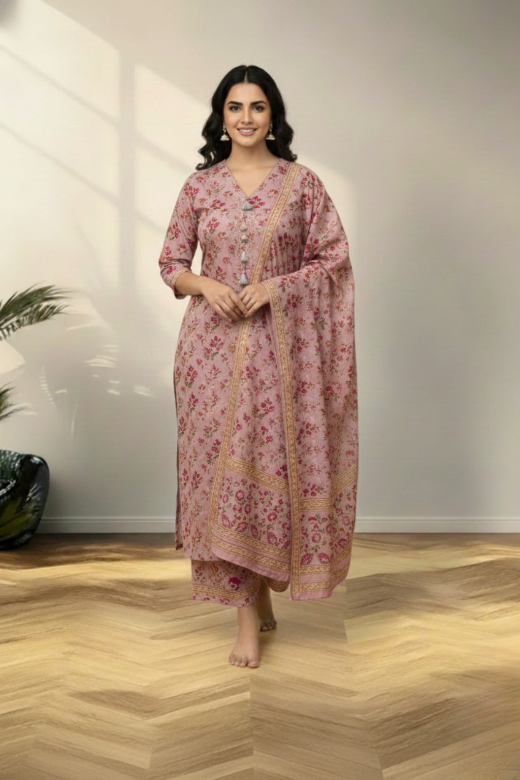 linen Floral motifs print kurti set