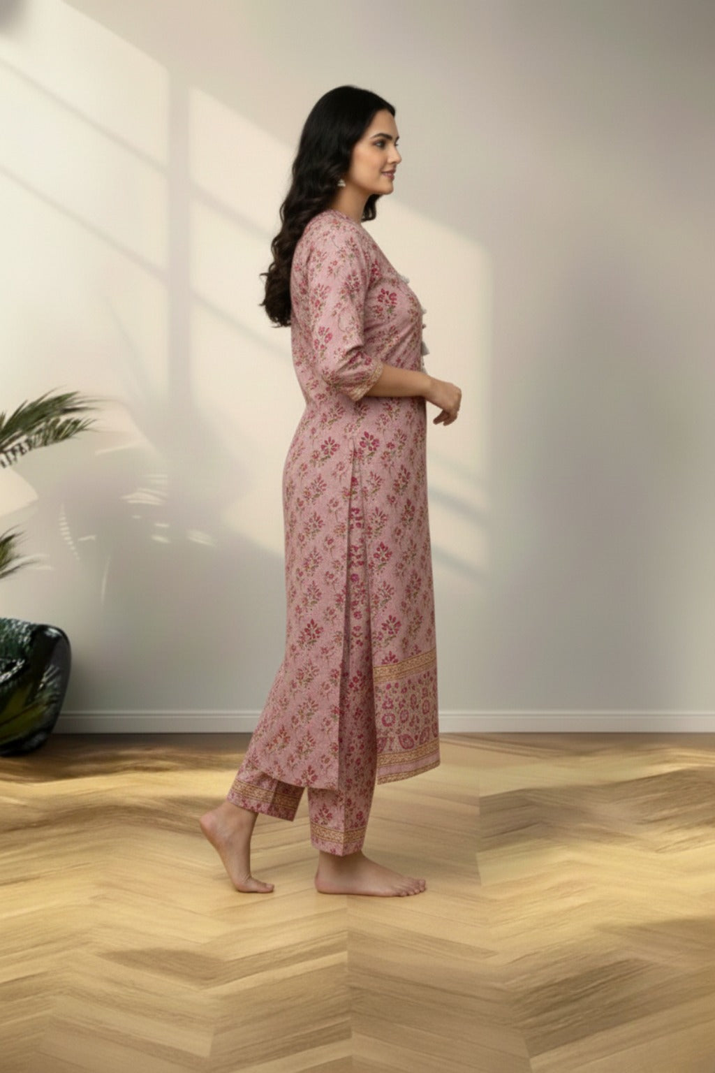 linen Floral motifs print kurti set