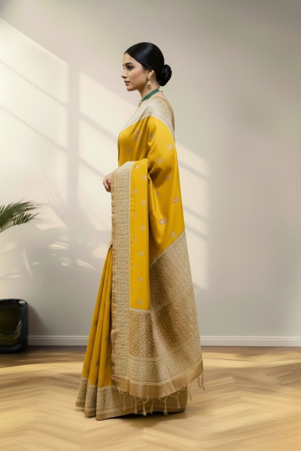 yellow banarasi saree