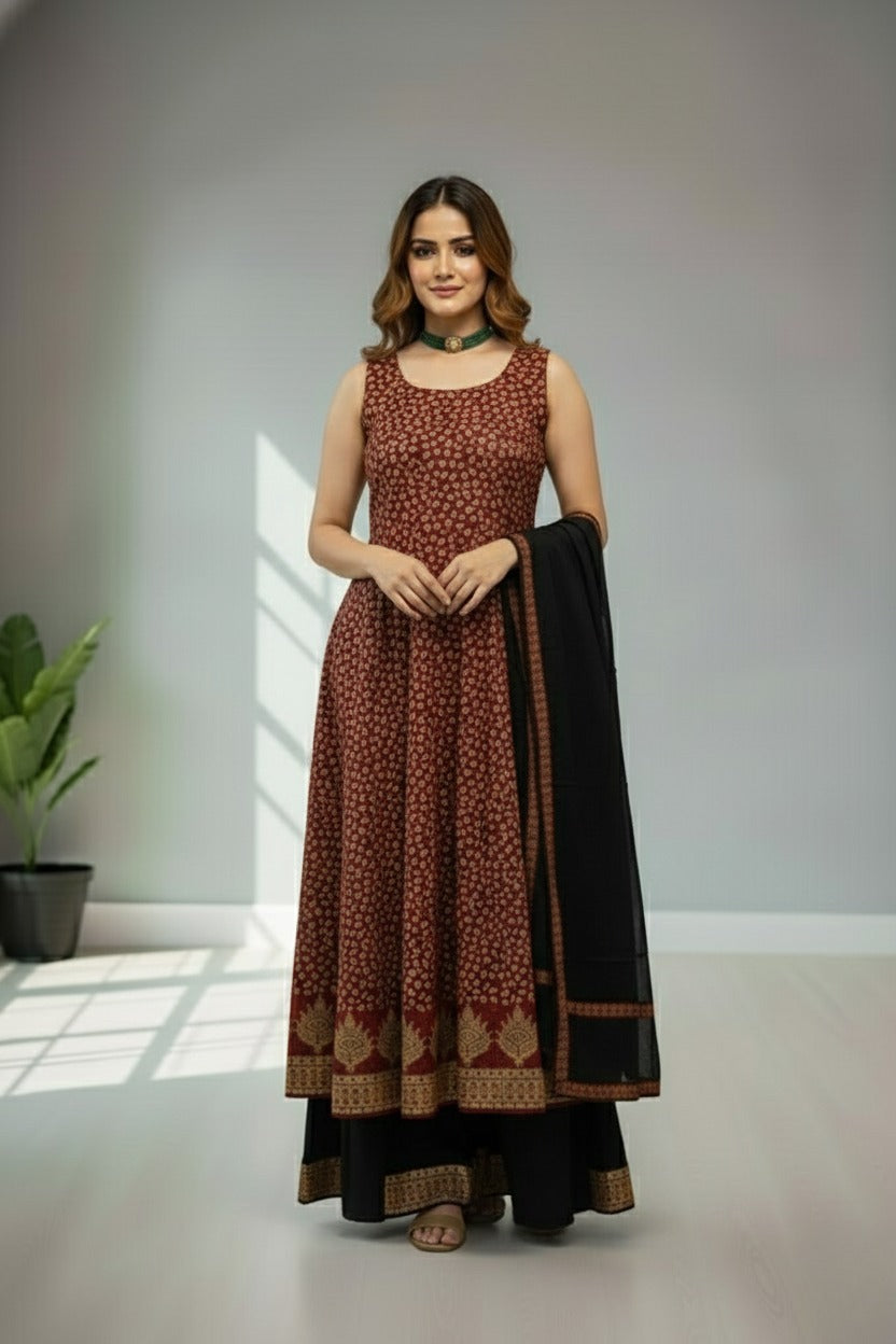 Dark red with floral print kurti material