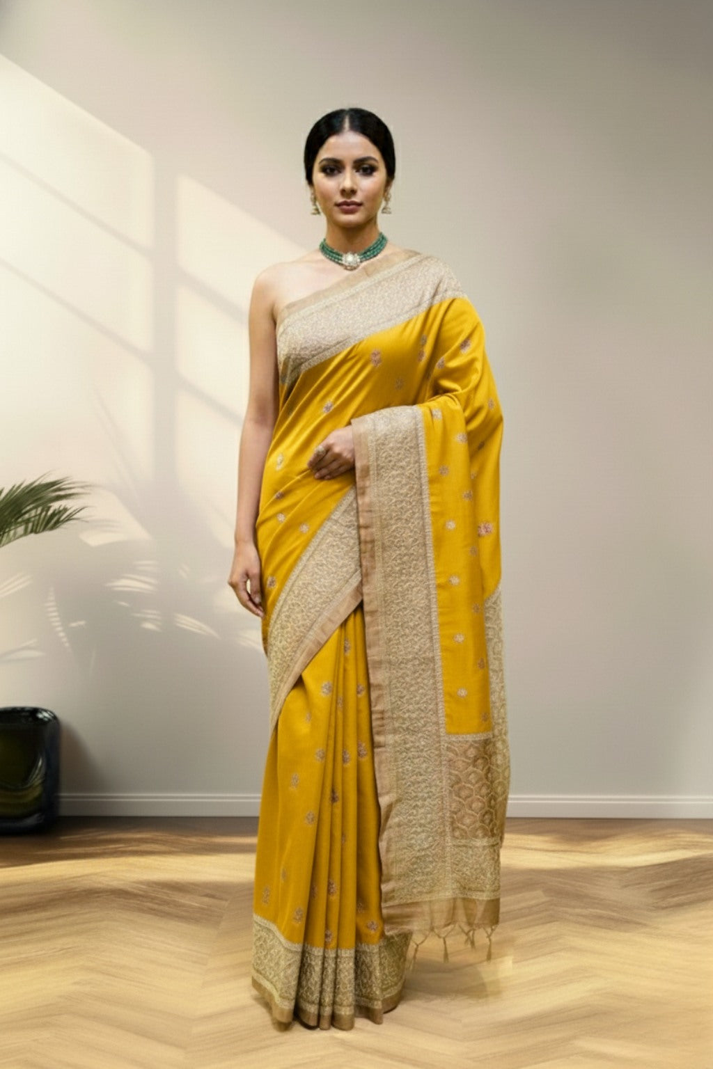 yellow banarasi saree