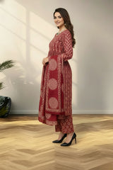 red batik print kurti set