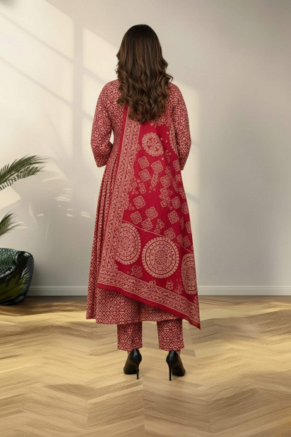 red batik print kurti set