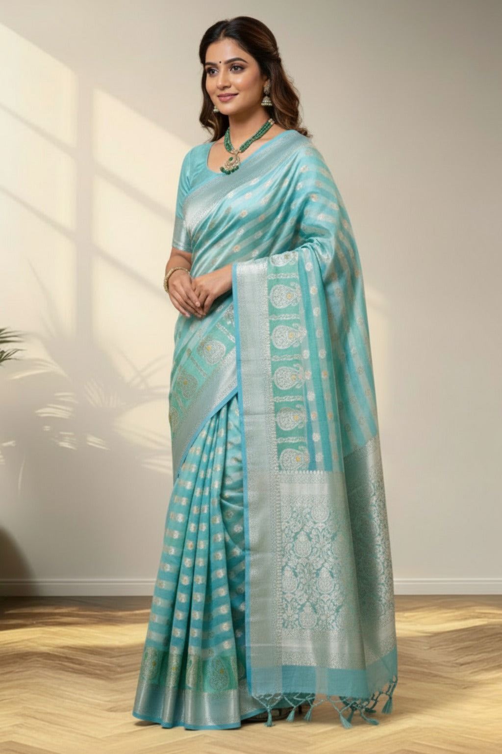 Green blends strips banarasi saree