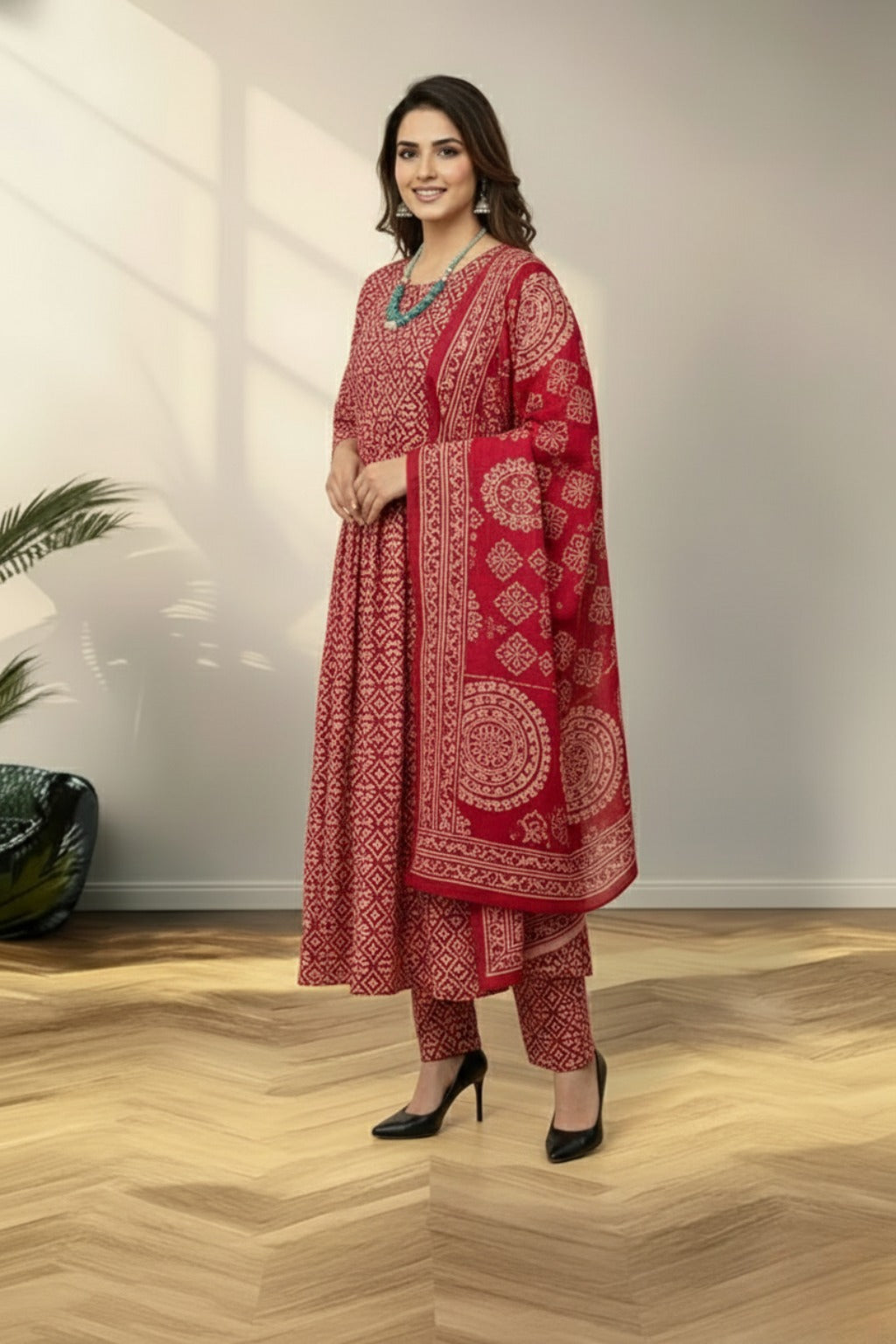 red batik print kurti set