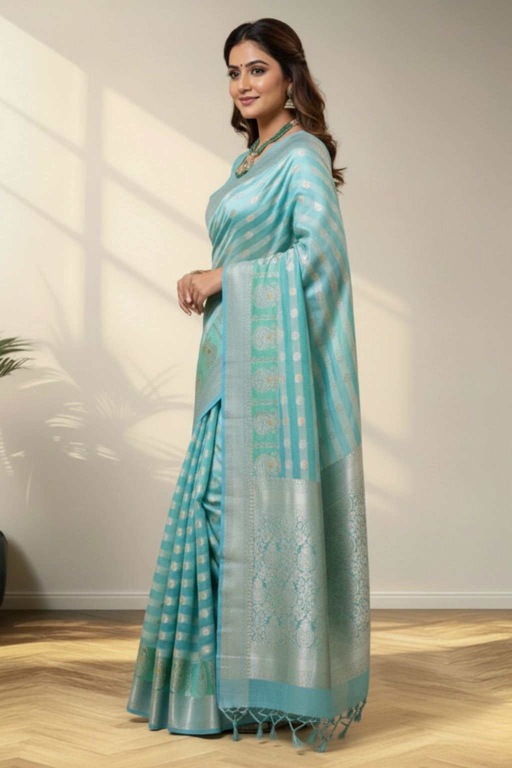 Green blends strips banarasi saree