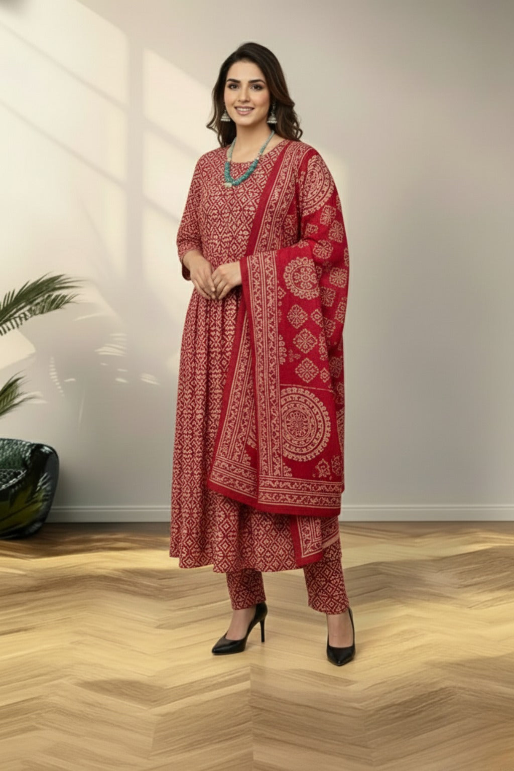 red batik print kurti set
