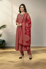 red batik print kurti set