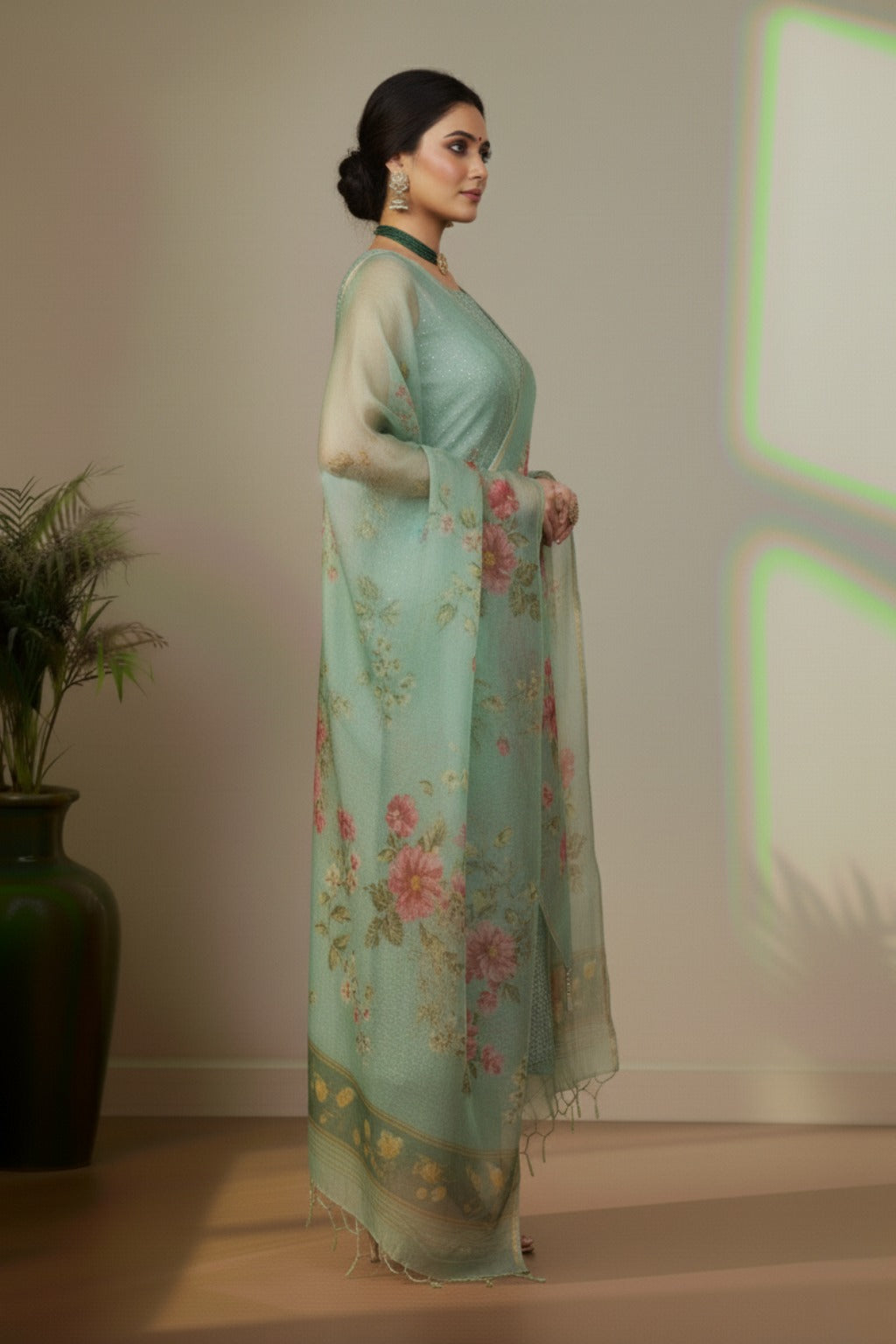 Light sea green organza kurti material set